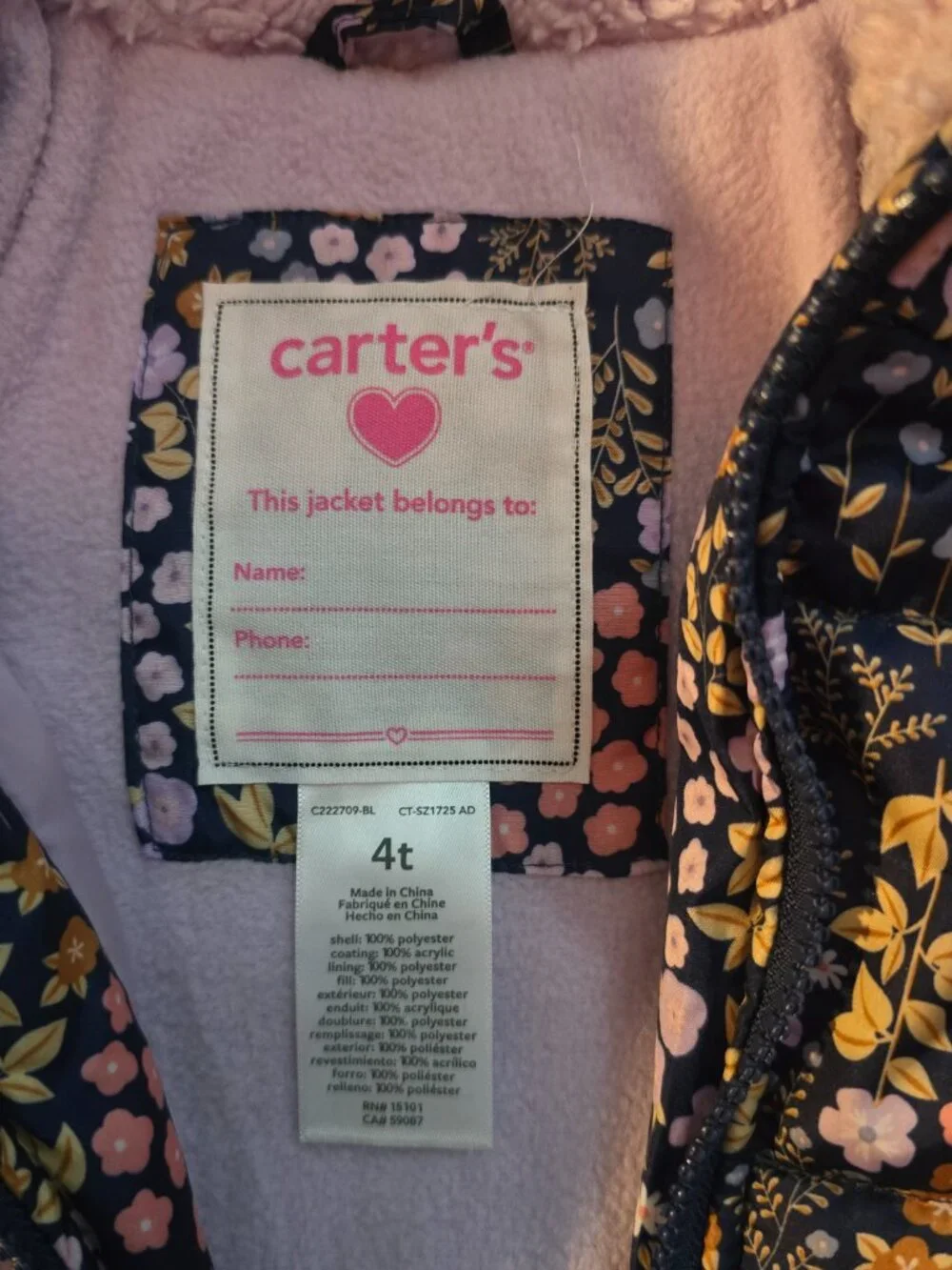 Carter's 4T Toddler Girl Floral Sherpa Lined Hooded Puffer Jacket Coat Blue Pink